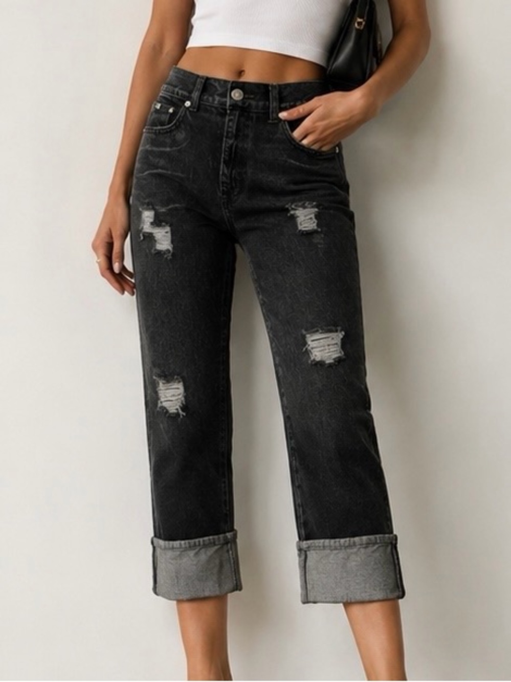 Michael Kors Black Distressed Rolled Cuff Straight Leg Cropped Jeans Size 0